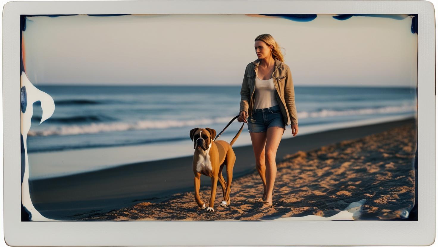 woman walking boxer dog